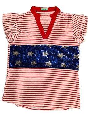 Sunshine & Rodeos ~ Large ~ Red/ White/ Blue ~ Striped ~ Stars ~ Sequins Shirt